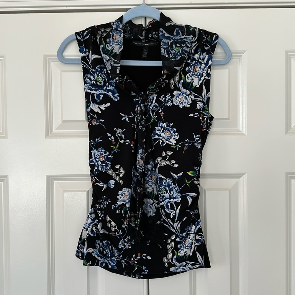 White House Black Market Black Dress Shirt with Blue Floral Detail